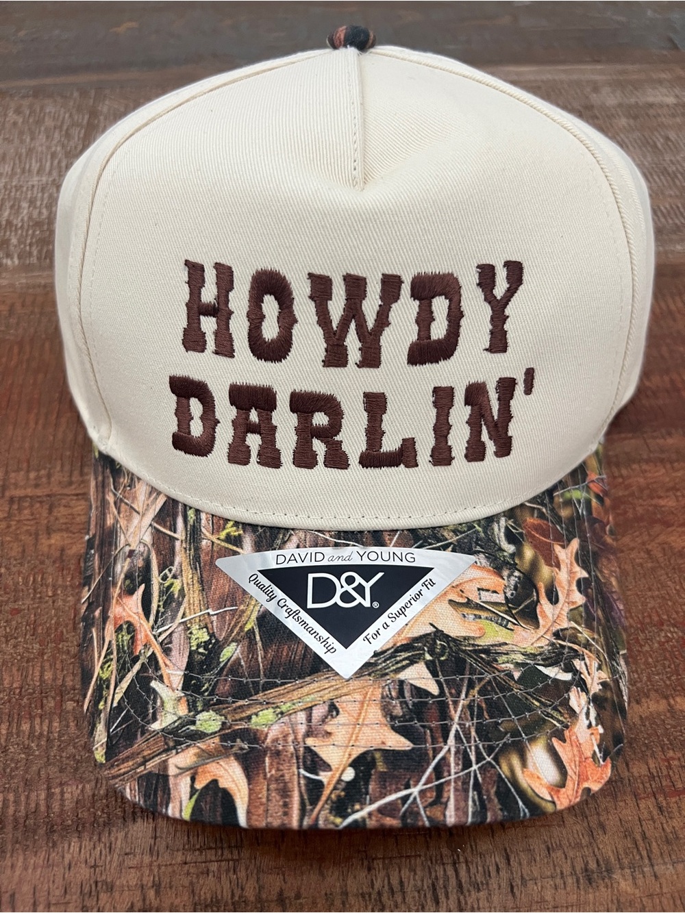 David and Young ‘Howdy Darlin’ Trucker Hat w/ Camo Brim SnapBack NEW